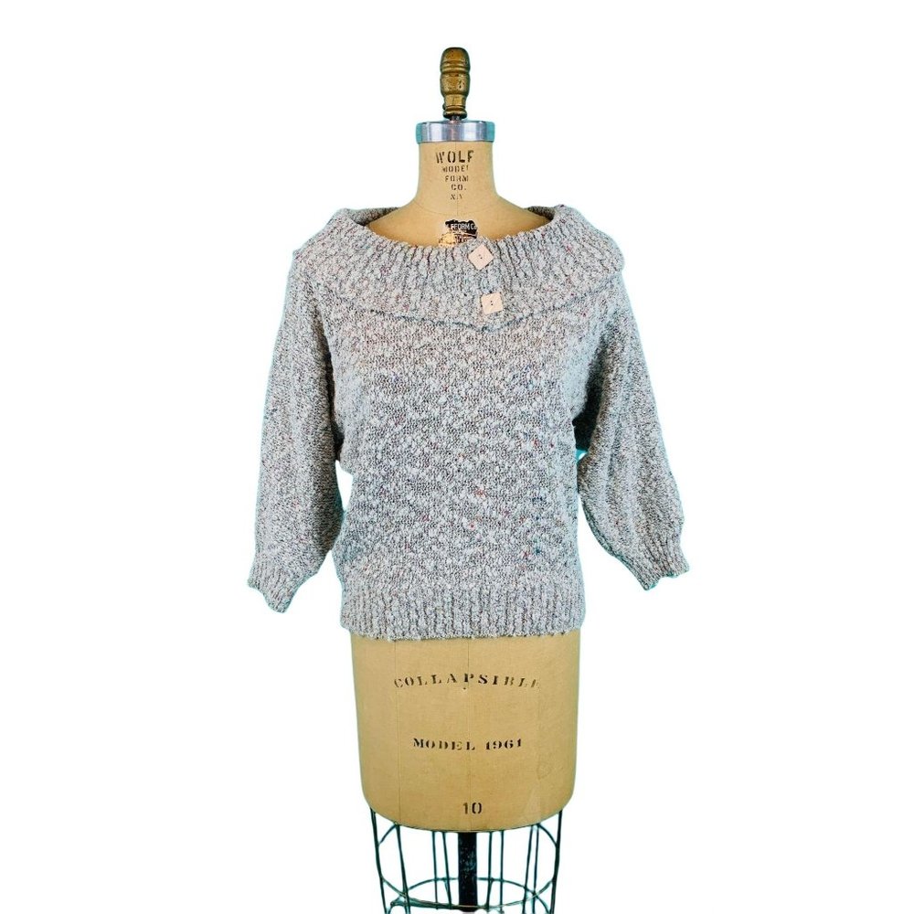 Vintage 1980s Speckled Sweater Off The Shoulder Large Collar Colorful Pullover